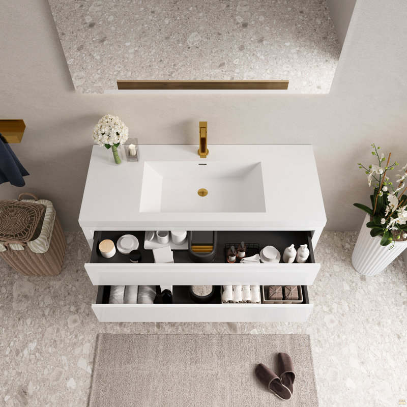 Meuble-lavabo mural 48 po avec lavabo, meuble de rangement flottant pour salle de bain avec comptoir en résine de pierre et tiroirs à fermeture en douceur entièrement assemblé