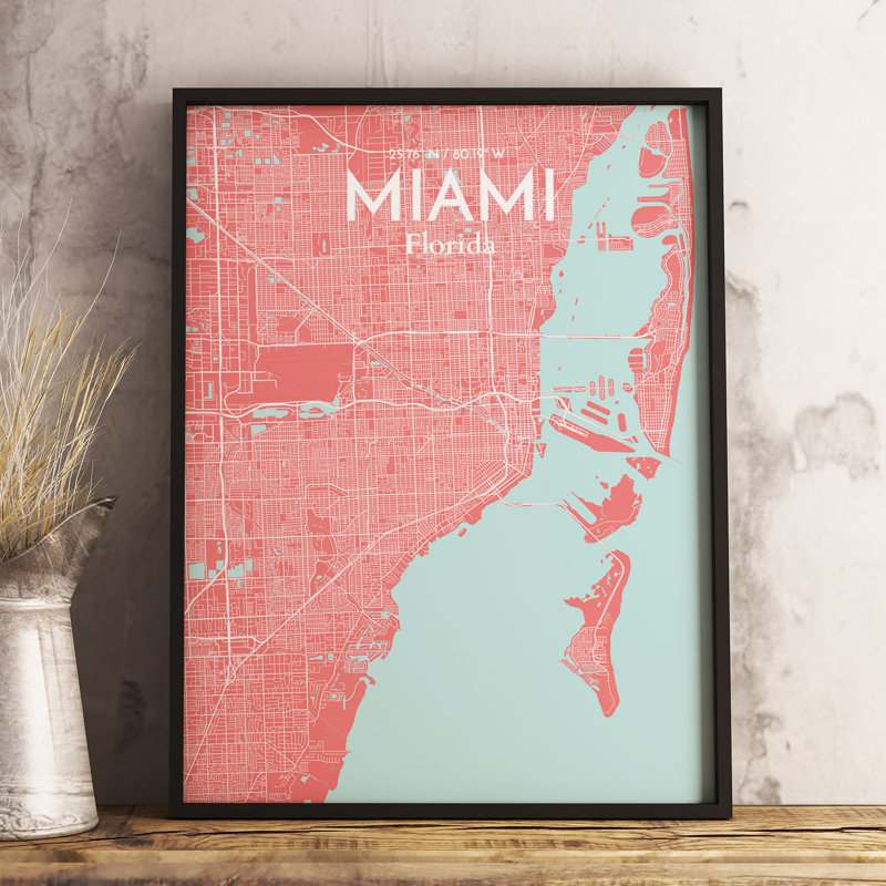 Miami City Map - impression d'art graphique, H 20 po x l 16 po x P 0,05 po