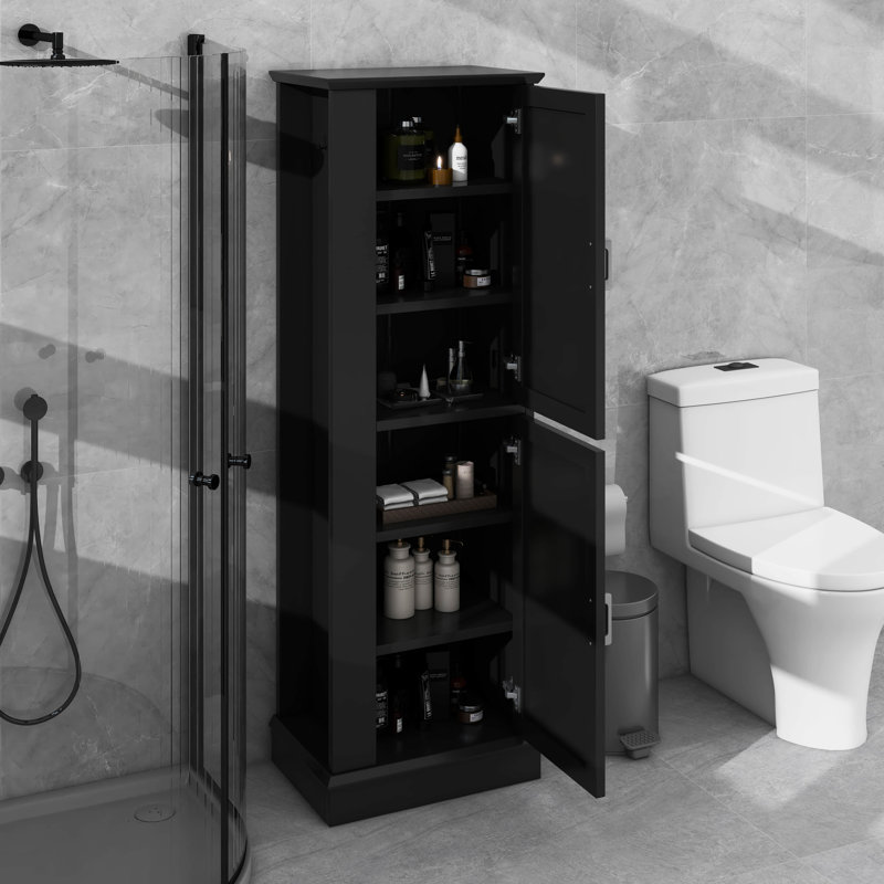 Armoire de rangement, plancher de salle de bain avec crochet et tablette réglable, Noir