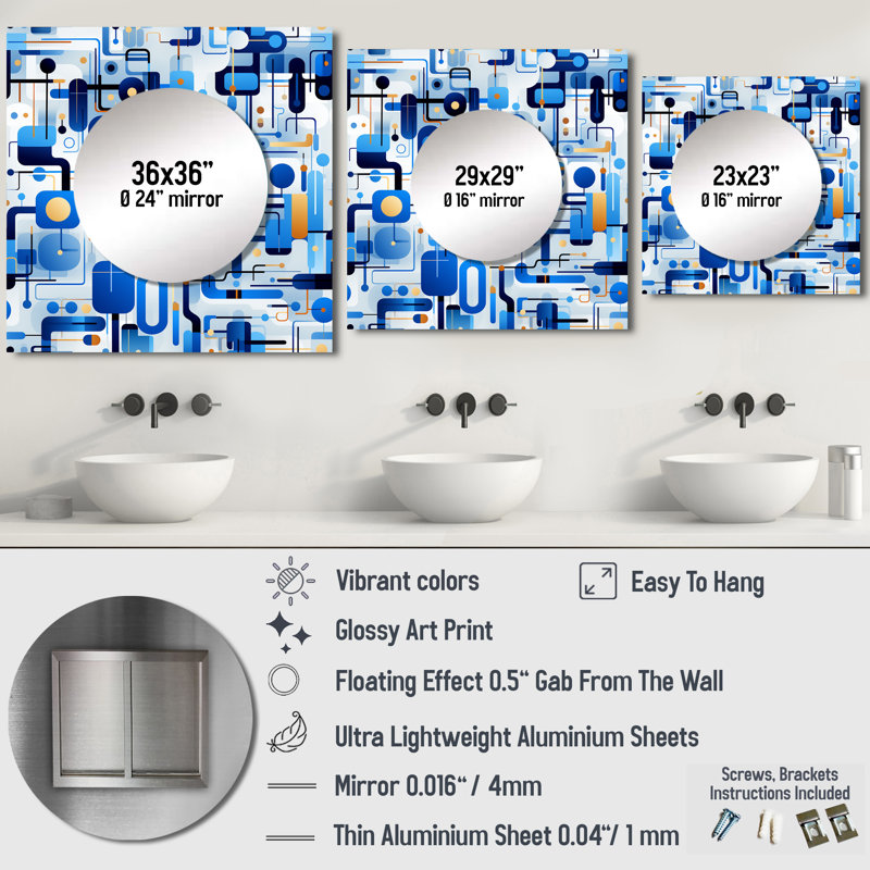 Bleu cobalt et grille blanche géométrique - grand miroir carré moderne pour décoration murale, 23 po x 23 po