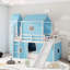 Lit simple mezzanine bleu avec glissade, tente rose et tour