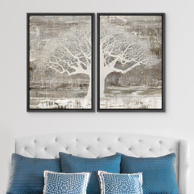 Abstrait, arbre gris verdâtre, illustrations de branches d'arbre rustiques, images murales neutres de style campagnard rustique, impression numérique sur toile, impression numérique sur toile encadrée