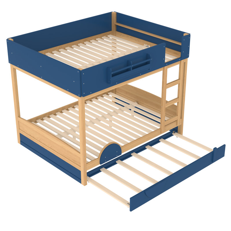 Grand lit superposé avec lit gigogne, lit superposé en bois pour enfants avec bibliothèque intégrée, garde-corps de sécurité, conception automobile, bleu, naturel