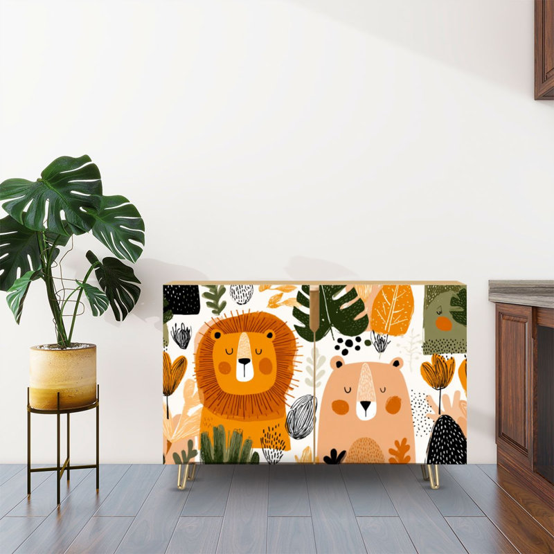 Buffet avec rangement et animaux de la jungle sans couture dessinés à la main pour les enfants avec 2 portes pour le salon et la cuisine
