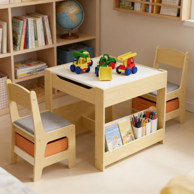 2-In-1 Reversible Top Kids Activity Table & Chair Set ,With Chair Storage Drawers & Under-Table Shelf–Durable, Easy-Clean Furniture by 17 Stories