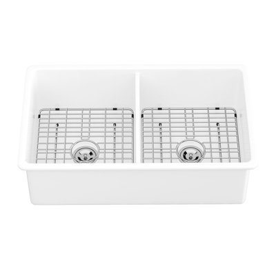 32" Undermount Ceramic Double Bowl Sink - White Rectangular Basin For Sleek Kitchen Look Design