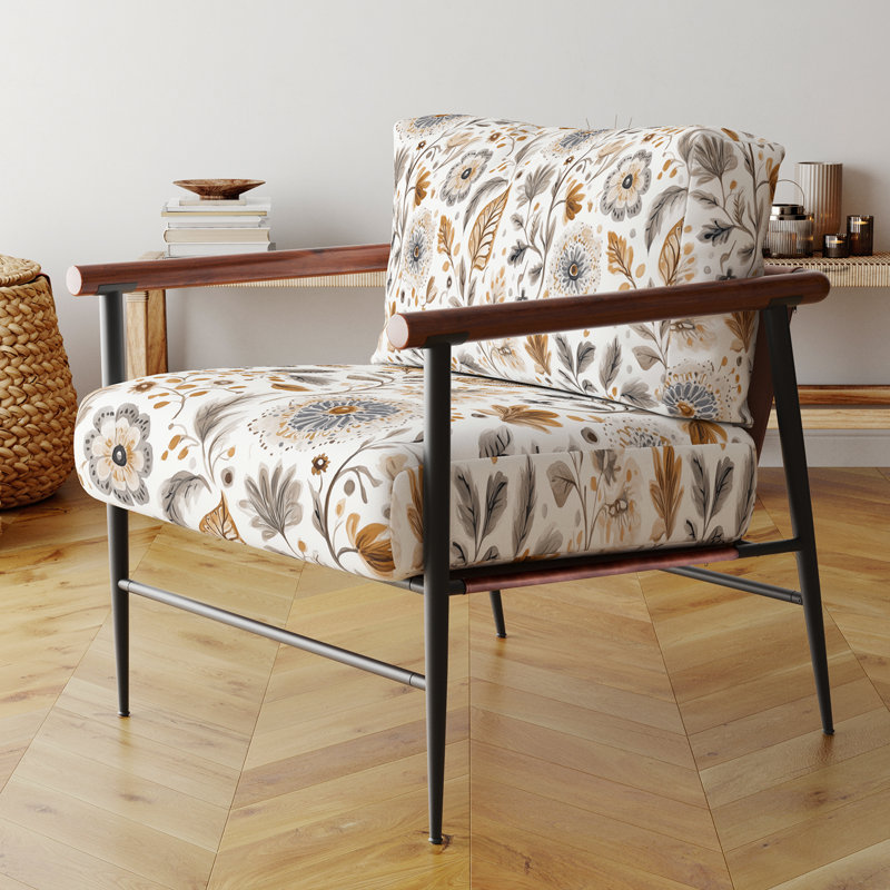 Chaise rembourrée Country Farmhouse - Fauteuil brun à motif cachemire neutre Bloom, Bras ronds bruns