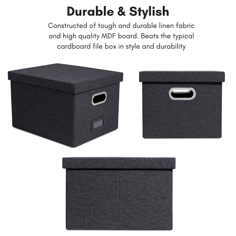 Charcoal Collapsible Linen File Storage Organizer with Lid