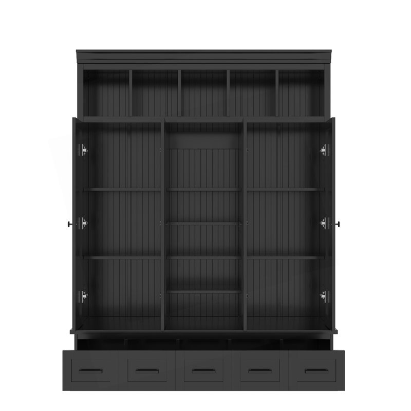 Arbre d'entrée avec banc et 5 casiers de rangement, armoire de rangement moderne pour hall d'entrée avec 4 portes, Noir