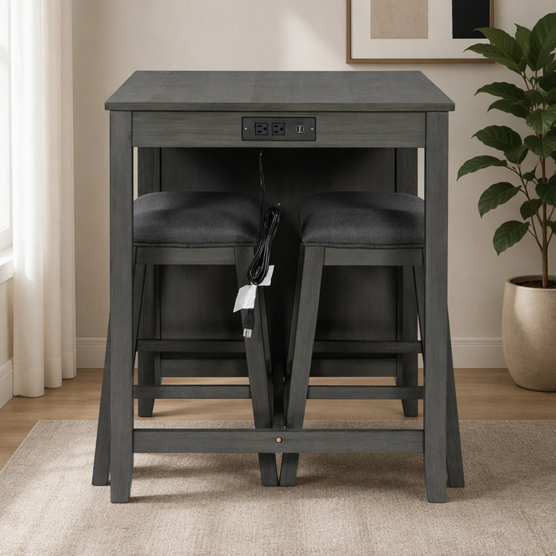 Ensemble table de bar de 36 po avec prise de courant, tiroirs latéraux et 2 tabourets rembourrés