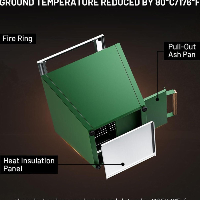 Cyberpit One 20 Inch Smokeless Fire Pit, W/Pull-Out Ash Pan, Portable Outdoor Firepits, Carry Handle For Backyard Patio Camping Bonfire, Stainless Steel, Green