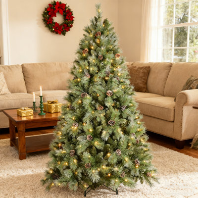 Arbre de Noël 7,5 pi avec lumières à DEL blanc chaud et pommes de pin, conception à branches articulées, arbre de Noël réaliste