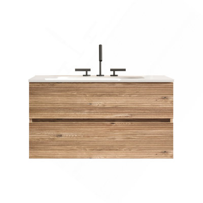 36" Wall Mounted Rough Oak&Rough Oak Bathroom Vanity with Integrated Ceramic Sink with Overflow, with 3 holes