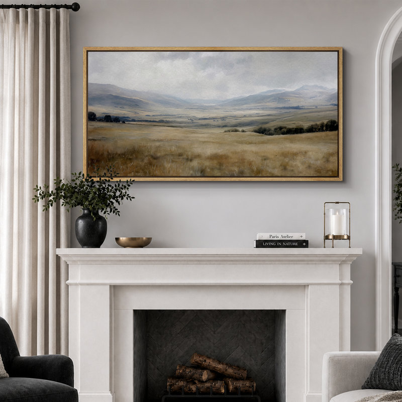 «Rustic Green Tan Prairie Field», vaste paysage mural, estampe numérique sur toile, art numérique encadré très grand, Naturel