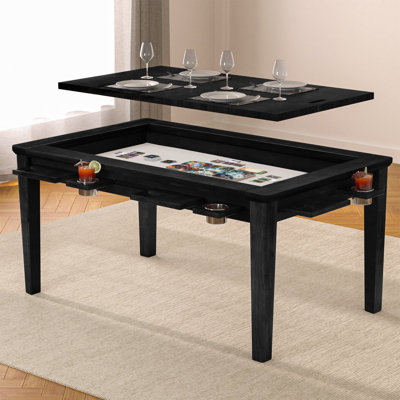 Table de jeu en bois massif pour 4 à 6 personnes, table D & D / Puzle avec tapis de jeu, 6 porte-gobelets et plateaux de loisirs, table de salle à manger avec plateau amovible