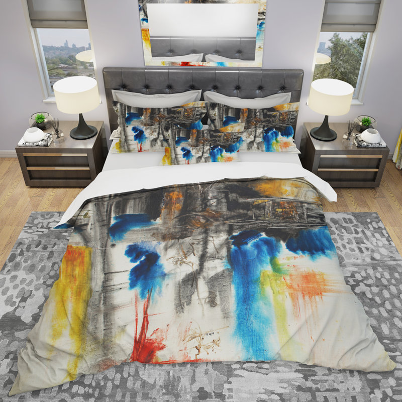 Black Blue and Yellow Pattern - Abstract Duvet Cover Set - Microfiber Polyester, King Duvet Cover + 2 Shams
