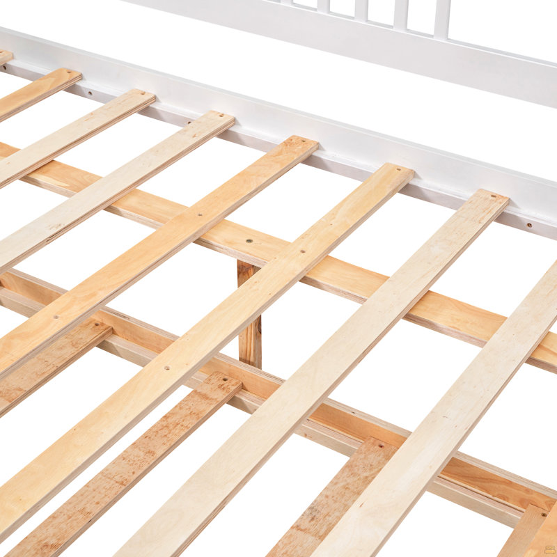 Lit de jour double en bois avec lit gigogne simple, Lit double, Blanc