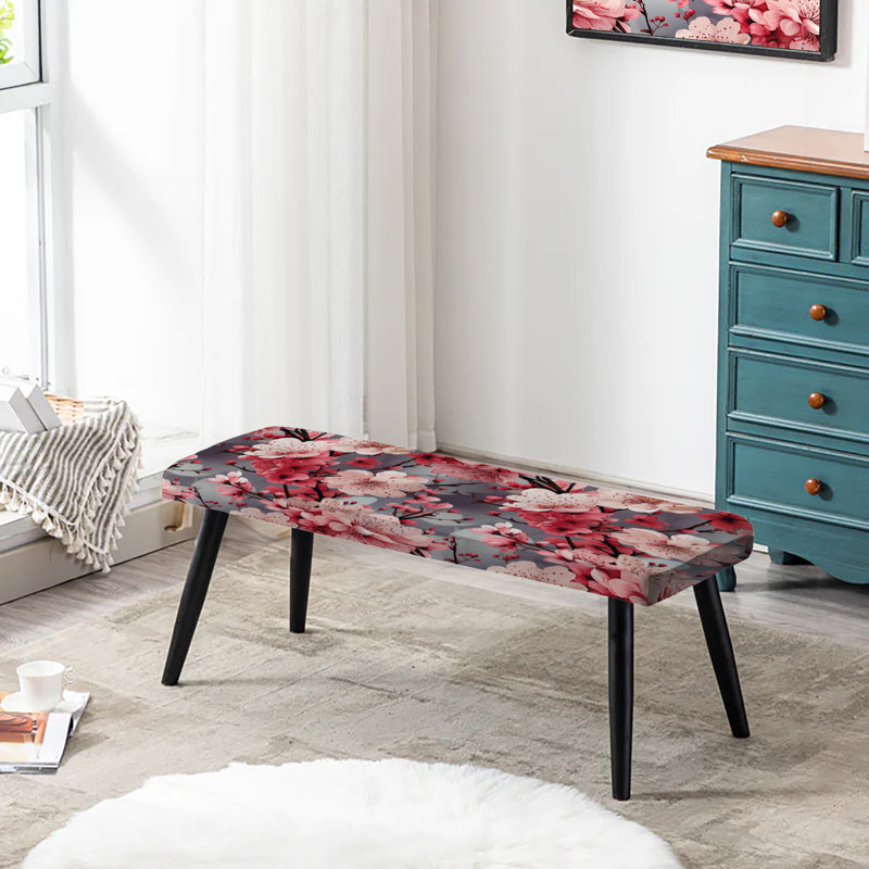 Cherry Blossom Delight - Oriental Upholstered Black Bench