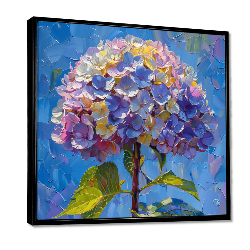 Décoration murale hortensia mauve et jaune, H 16 po x l 16 po, Cadre flottant noir