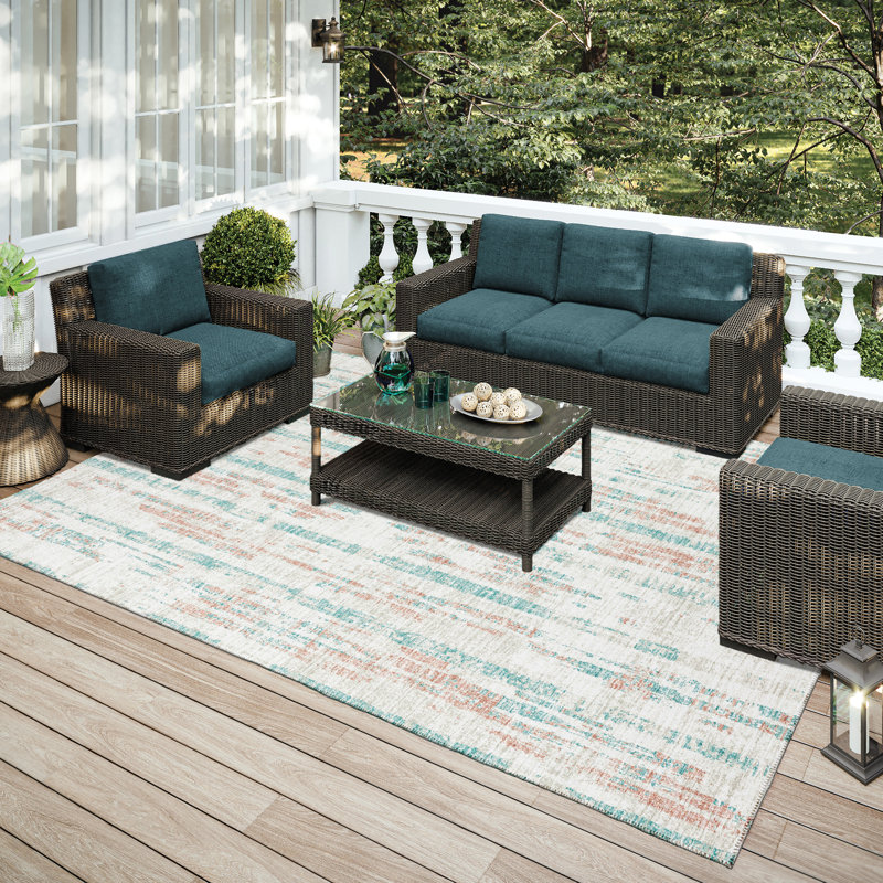 Ivory and Teal Flat Woven Chenille 5' x 7' Area Rug