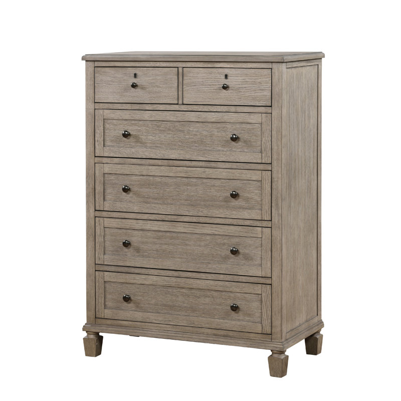 Commode haute Cely, 6 tiroirs, bois de chêne gris, boutons en nickel