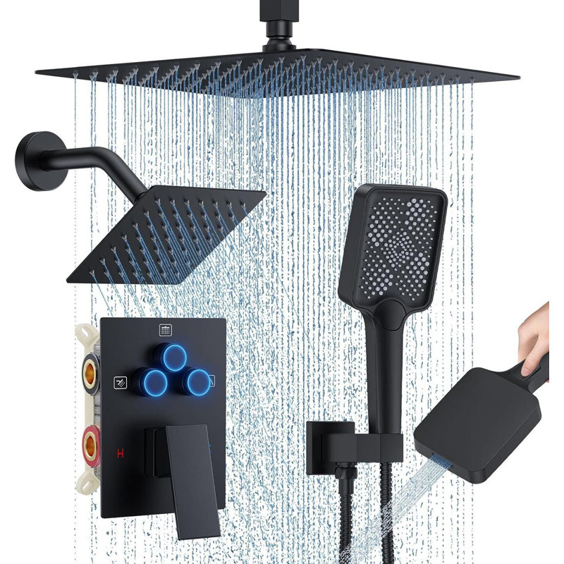 Ensemble de robinet de douche noir mat avec système de douche de pluie au plafond 10 po avec tête supérieure de 10 po + robinet de douche à bouton-poussoir à poignée latérale 6 po