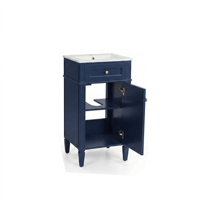 Meuble-lavabo autoportant de 18 po en MDF avec lavabo intégré en céramique, meuble-lavabo simple en bleu avec porte à fermeture douce, tablette réglable et pieds pleins