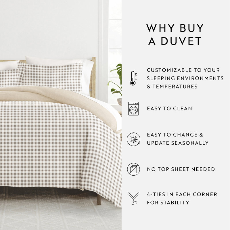 Patterned Ultra Soft 3 Piece Duvet Cover Set - Serenity, Gingham Check Natural, Full/Queen