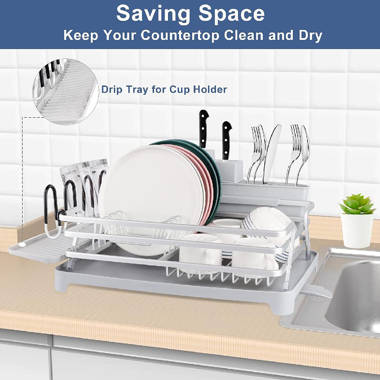 RBAYSALE Dish Drying Rack, 304 Stainless Steel Dish Rack Large Expandable  Dish Drainer with Aluminum Pull Plate Attached Wine Glass Holder Utensil