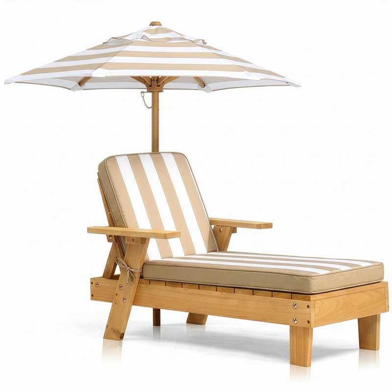 Kids Outdoor Wooden Chaise Lounge with Umbrella and Brown & White Striped Cushion, Brown