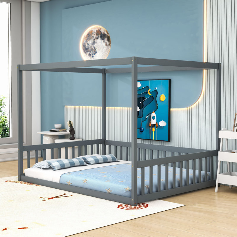 Wood Canopy Floor Bed With Guardrails, Grey, Full