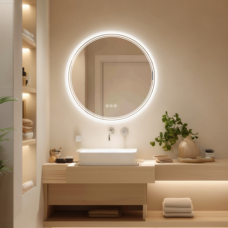 Miroir de salle de bain rond à DEL sans cadre rétro éclairé avec lumières, Rond, 30 po x 30 po