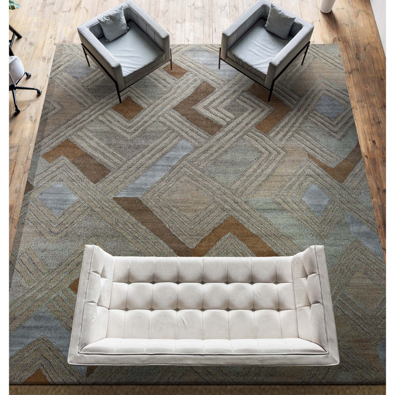 Hand Knotted Geometric Area Rug in Gray/Yellow, Rectangle 10' x 14'