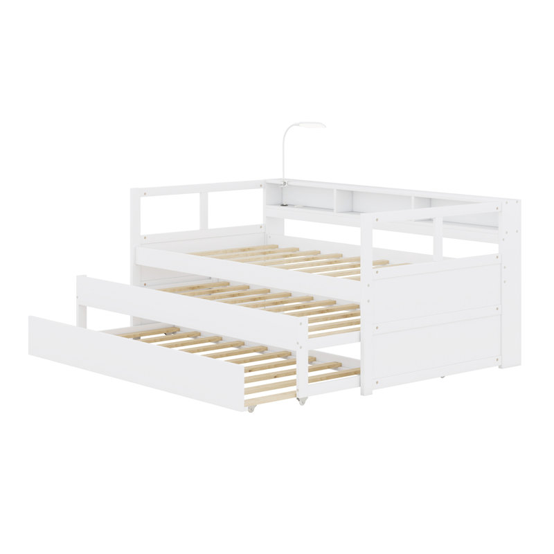 Daybed With 2 Trundles, Storage Shelves, 1 Light For Free And USB Charging Design, White
