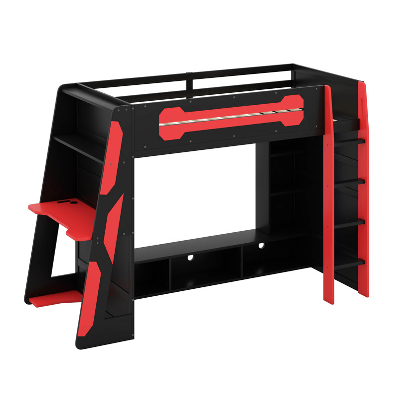 Lit mezzanine simple en bois avec bureau, tablettes multiples et lumière RVB, Rouge