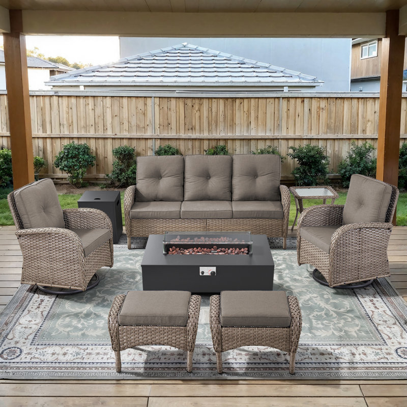 Esquer 7-Pieces Wicker Outdoor Conversation Set For 6 Person With 2 Rocking And Swivel Chairs & Fire Pit Table, Gray, Gray