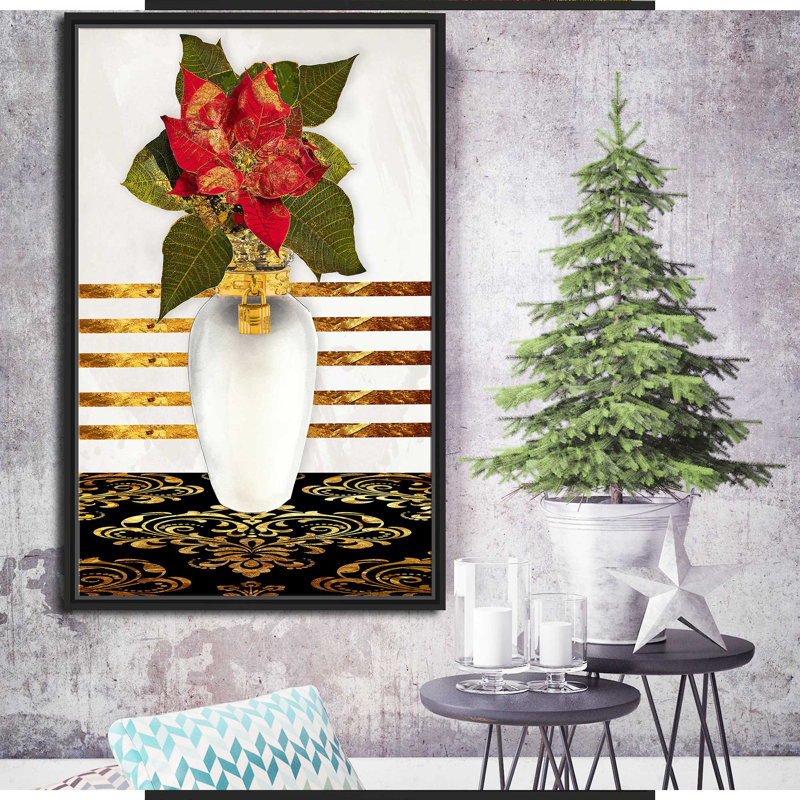 " Poinsetta In Gold (Vertical) " by By Jodi, Black Floater Frame, 33.5" H x 21.5" W x 2" D