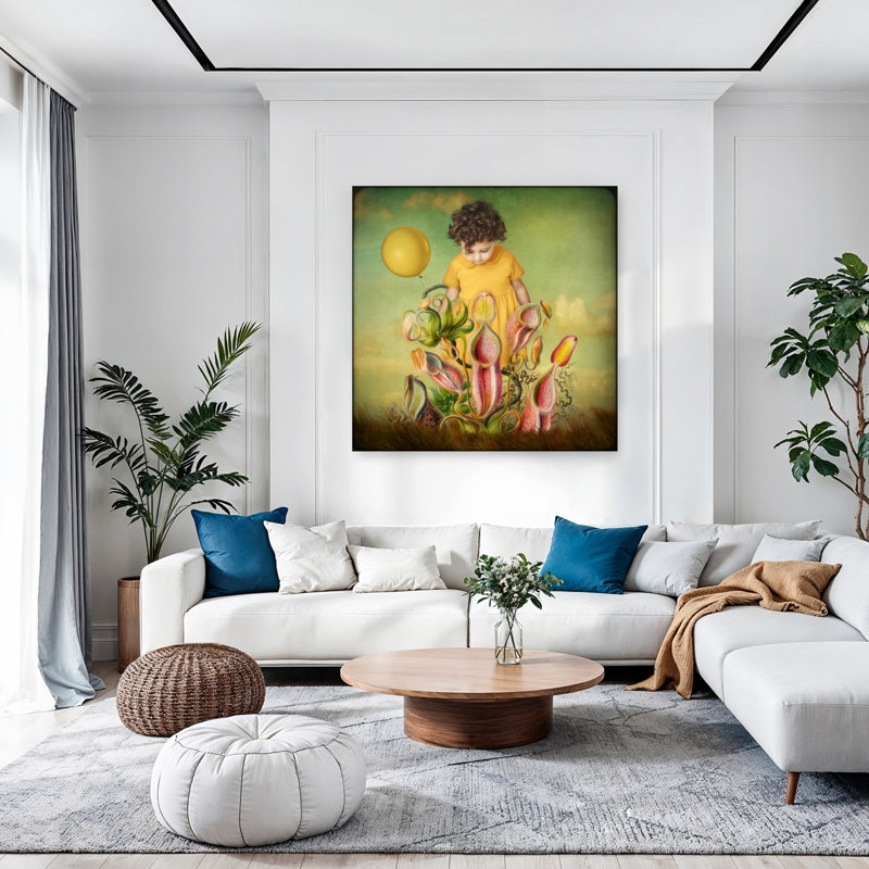 Curious Child'S Fantasy Garden Surreal Whimsical Contemporary Nature Flower Wall Art Print by Marja Van Den - Print