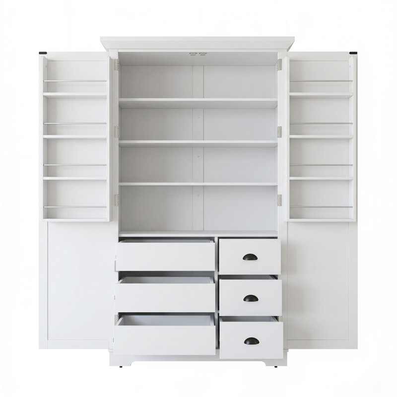 Armoire de cuisine 42 po x 20 po x 72 po en MDF blanc avec tiroirs, armoire de rangement autoportante avec tablettes de porte, tablettes réglables et plateaux coulissants