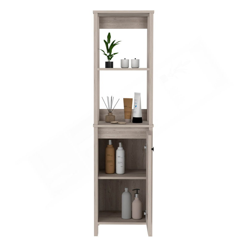 Linen Cabinet, Two Interior  Shelves, Two Open Shelves, Single Door, Gray