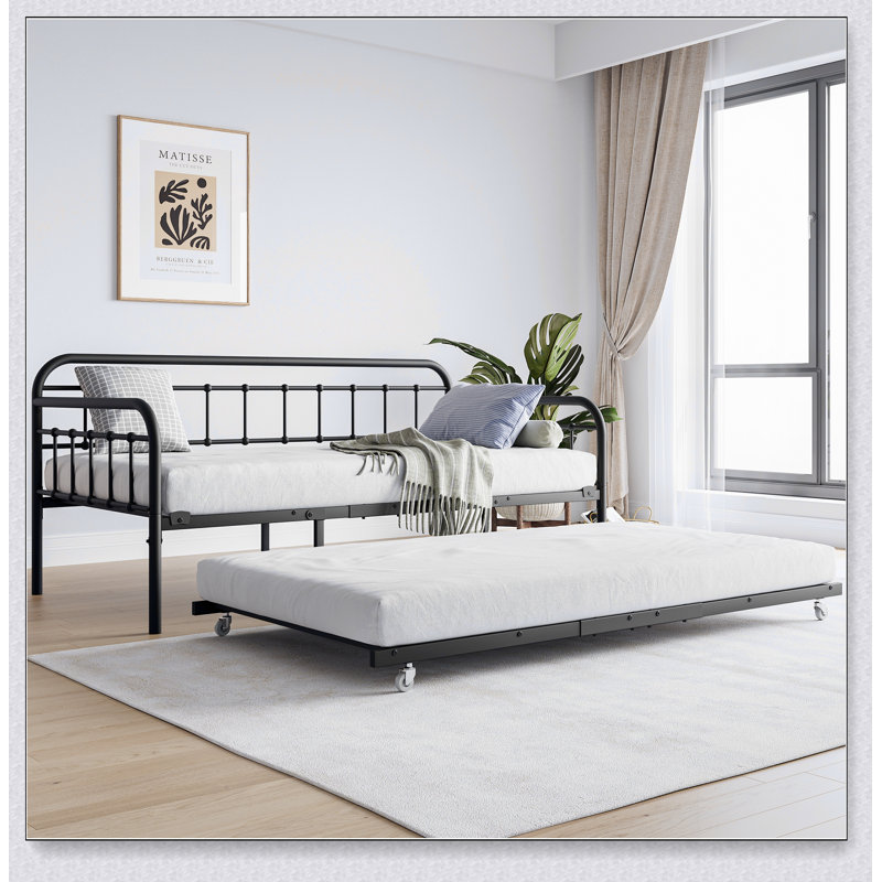 Metal Daybed Frame With Trundle, Heavy Duty Steel Slat Support Sofa Bed
