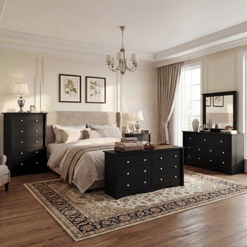 Commode moderne à 5 tiroirs avec ensemble anti-basculement, grande commode en bois pour le rangement de la chambre à coucher ou du salon