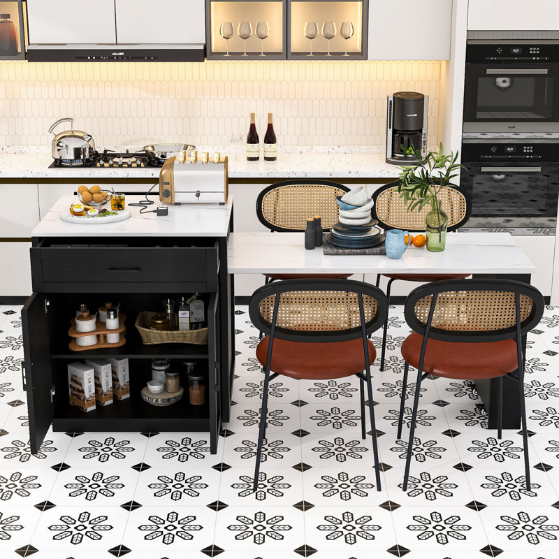 Sleek Multi-Use Kitchen Island with Retractable Dining Area, Ample Storage, and Integrated Charging, Black
