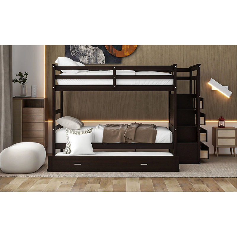 Lit superposé Twintwin avec rangement fonctionnel et structure solide en bois massif pour escalier conçu pour durer, Espresso