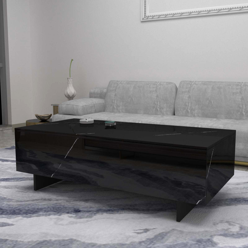 Élégante table d'appoint en verre lustré rectangulaire Khiler, Noir, H 12,2 po x L 42,5 po x l 22 po