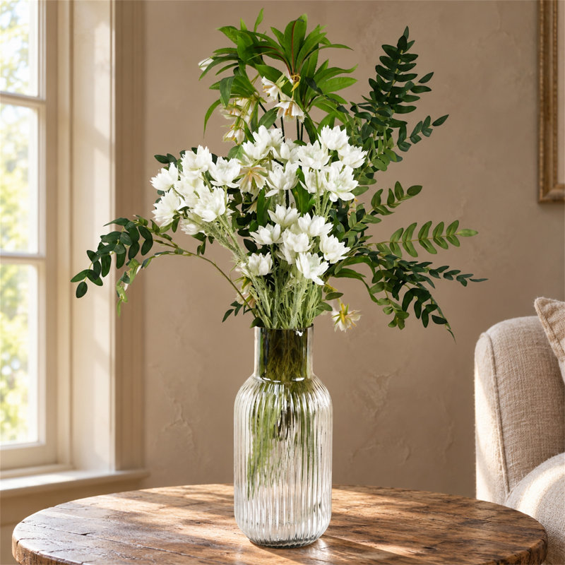 Artificial Faux Floral in Glass Vase, White, 75cm H x 50cm W