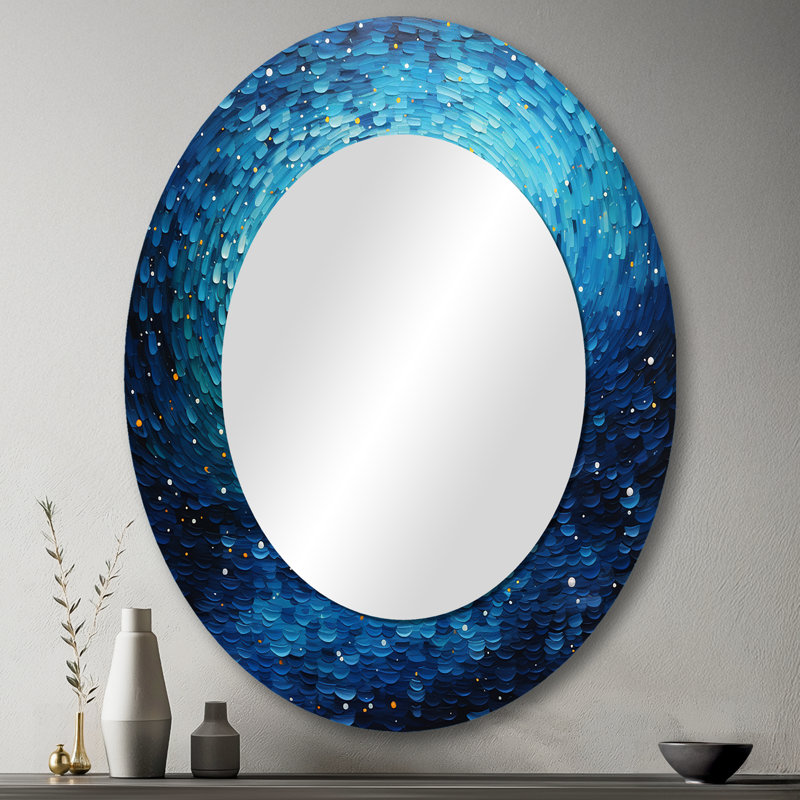 Pointillism River Majestic Cascade - grand miroir bleu, décor de miroir mural traditionnel unique, impression d'art en métal