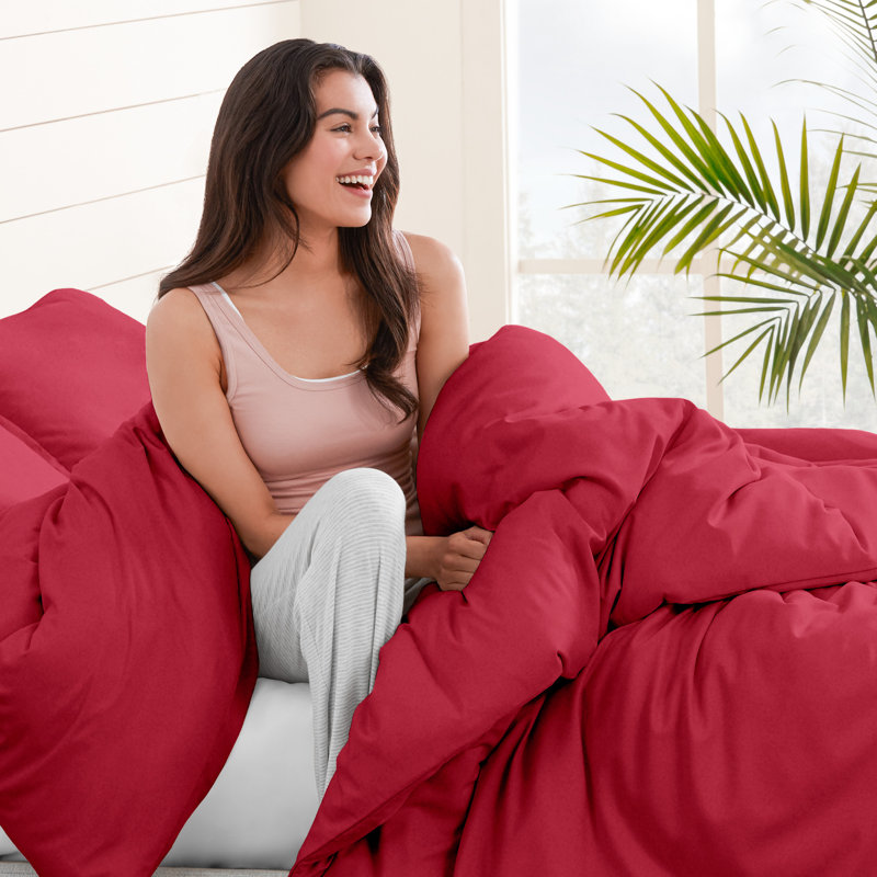 100% Cotton Flannel Duvet Cover Set, Queen Duvet Cover + 2 Standard Shams, Red