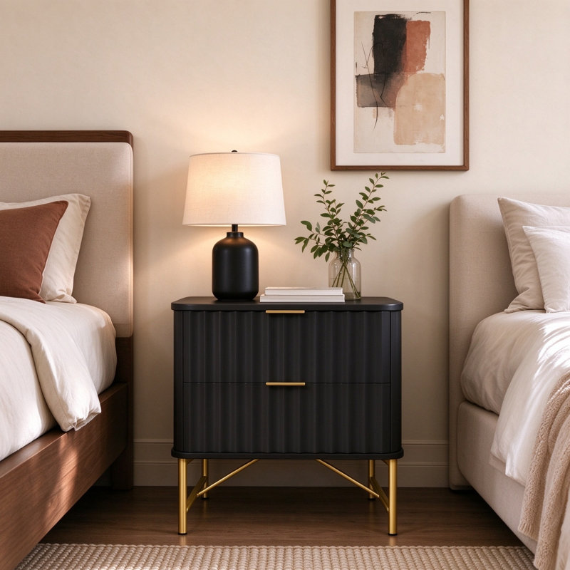 Barbeau Modern Fluted Nightstand With 2 Drawers, Black