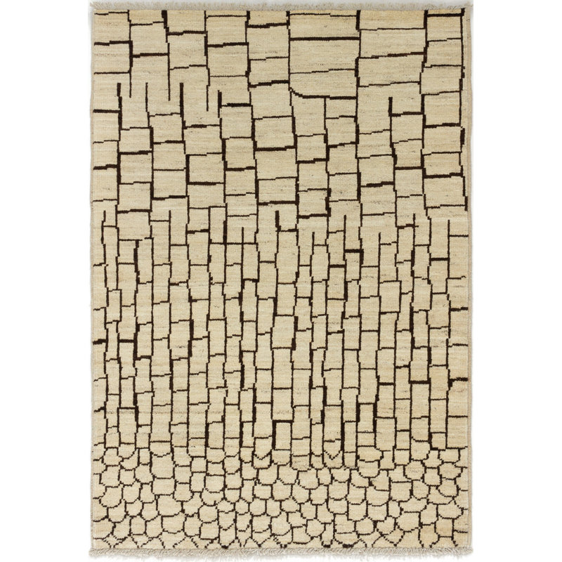Tapis unique en laine noué à la main style bosses des années 2010 de 4 pi 3 po x 6 pi beige